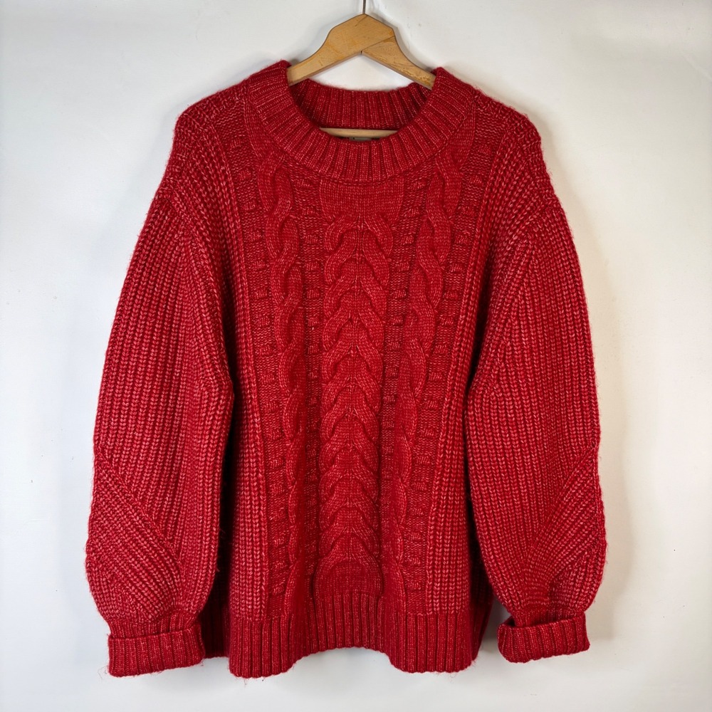 A New Day Sweater Womens 2X Red Cable Knit Chunky Crew Neck Balloon Sleeve